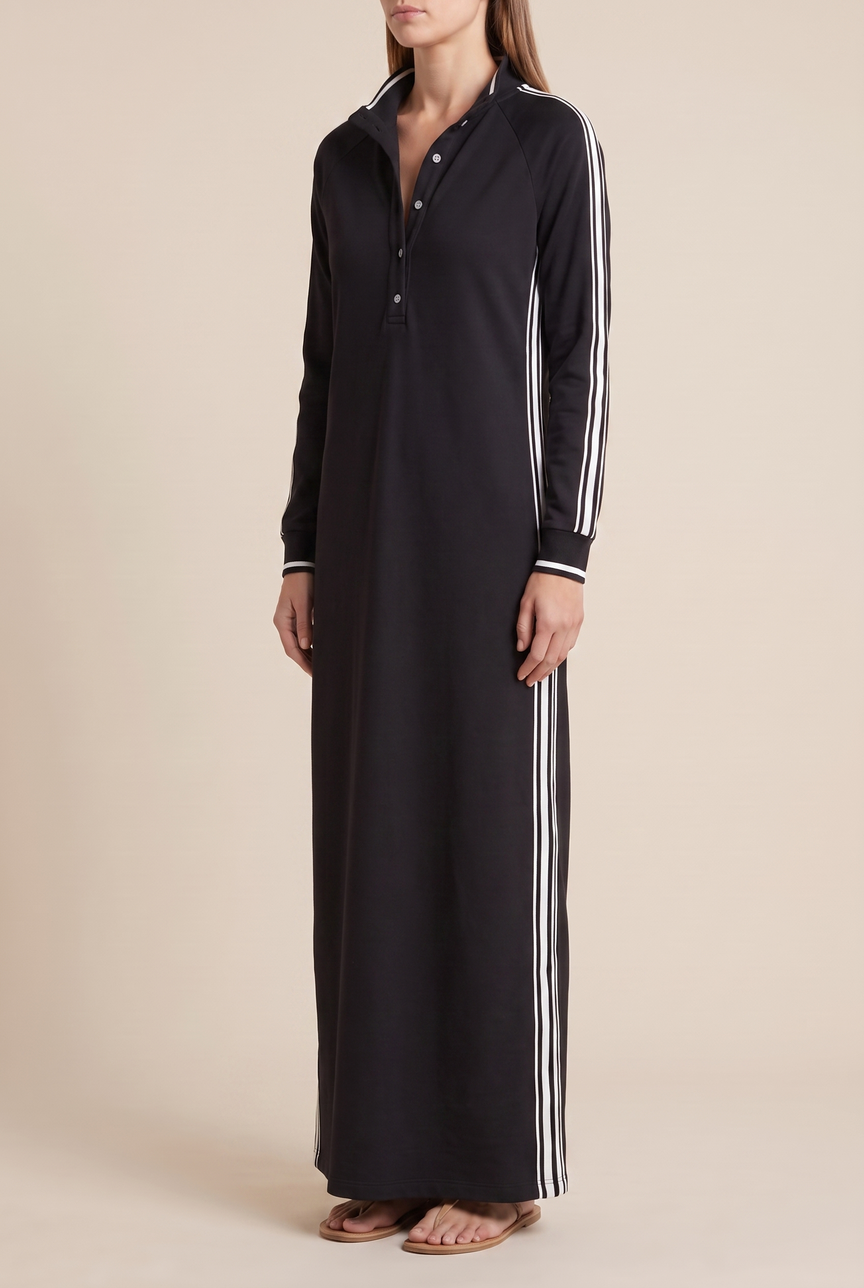 Women's Minimalist White-trimmed Button-down Collar Sweatshirt Dress Maxi Dress