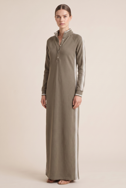Women's Minimalist White-trimmed Button-down Collar Sweatshirt Dress Maxi Dress