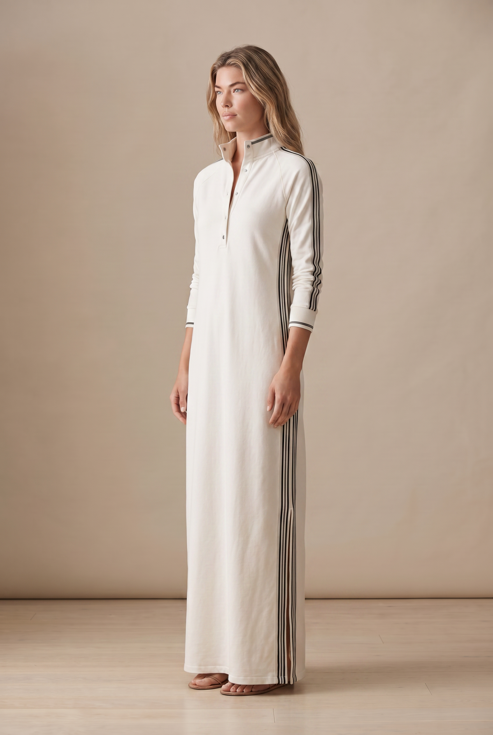 Women's Minimalist White-trimmed Button-down Collar Sweatshirt Dress Maxi Dress