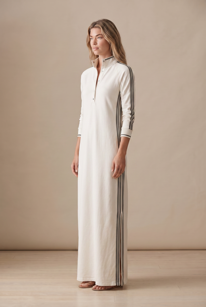 Women's Minimalist White-trimmed Button-down Collar Sweatshirt Dress Maxi Dress