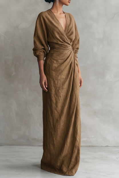 Women's Minimalist V-neck Linen Blend Maxi Dress