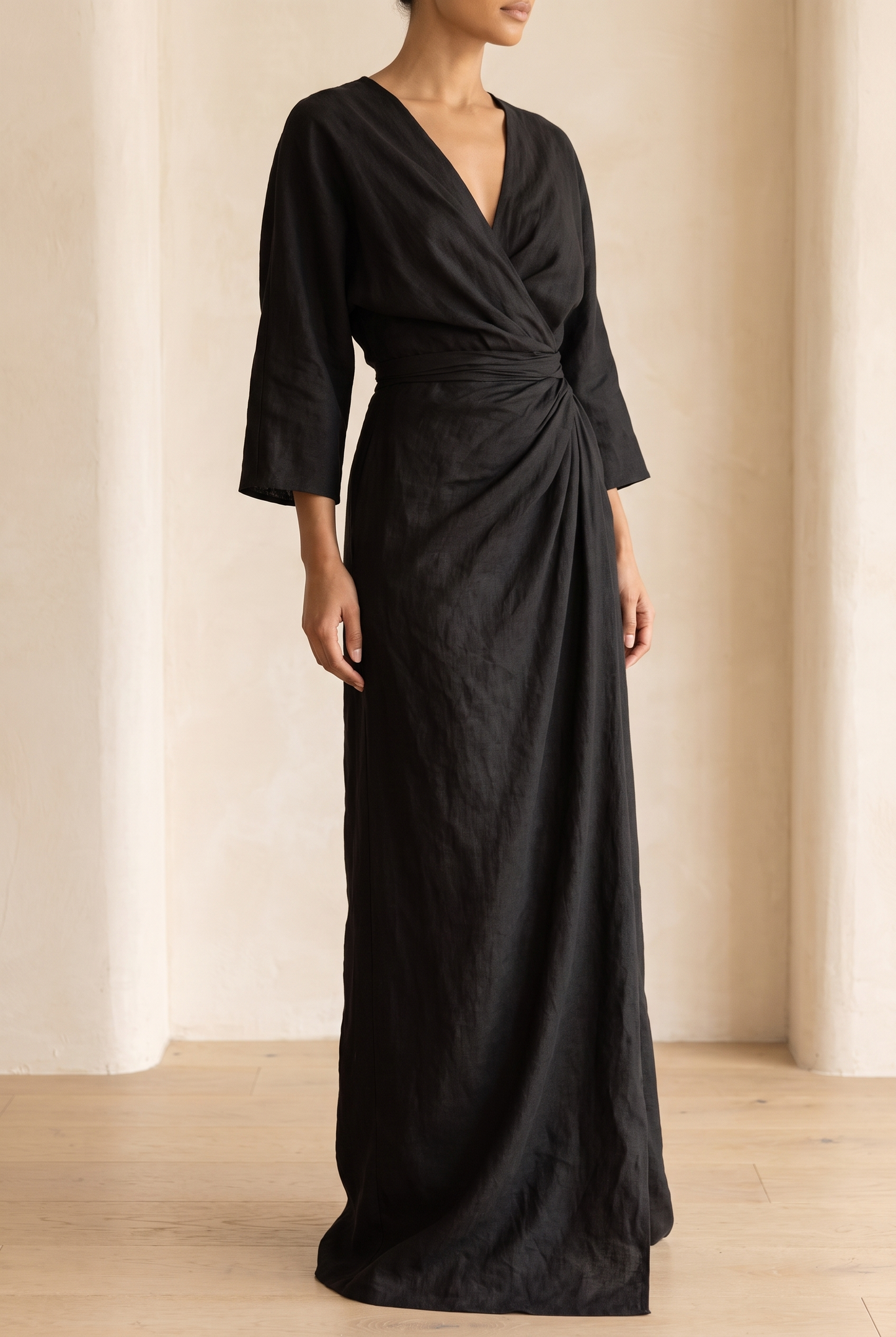 Women's Minimalist V-neck Linen Blend Maxi Dress