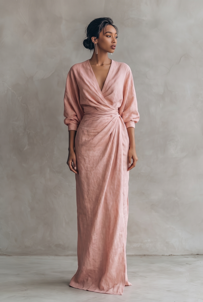 Women's Minimalist V-neck Linen Blend Maxi Dress