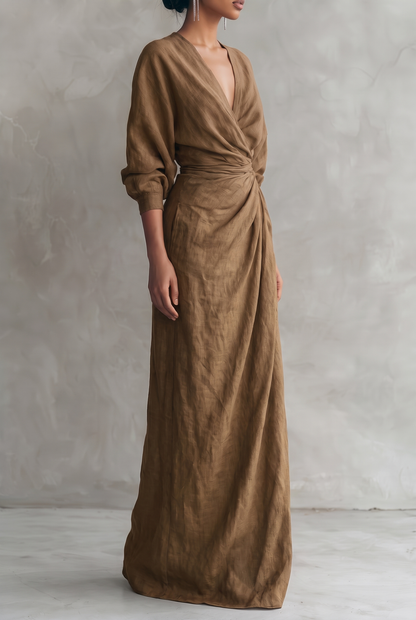 Women's Minimalist V-neck Linen Blend Maxi Dress