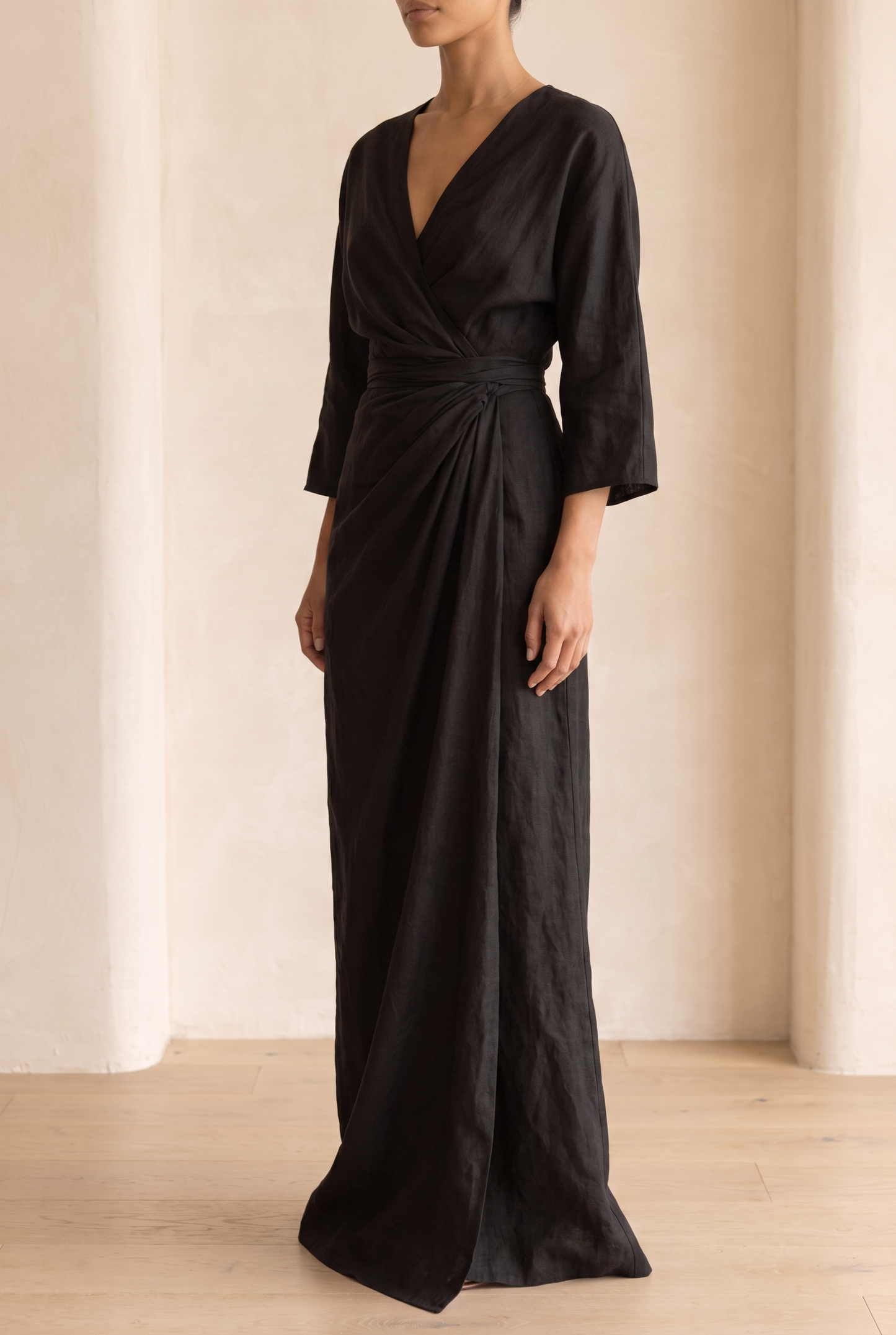 Women's Minimalist V-neck Linen Blend Maxi Dress