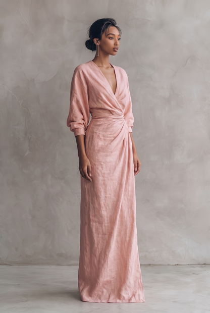 Women's Minimalist V-neck Linen Blend Maxi Dress