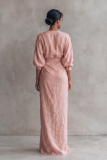 Women's Minimalist V-neck Linen Blend Maxi Dress