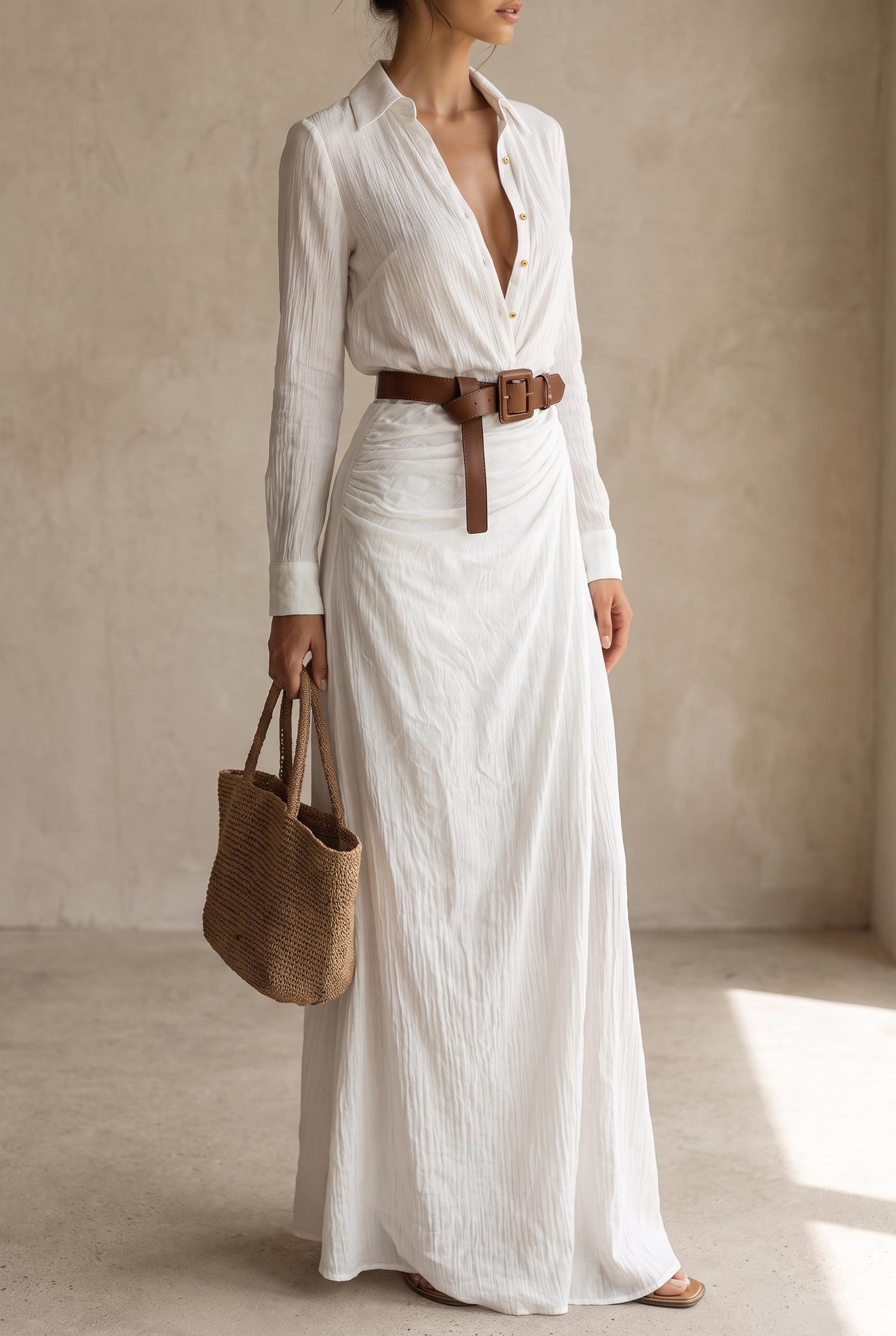 Ladies Lapel Single Breasted Long Sleeve Belted Maxi Dress