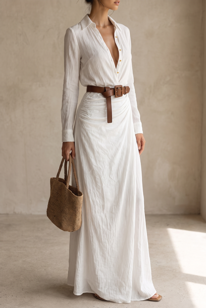 Ladies Lapel Single Breasted Long Sleeve Belted Maxi Dress