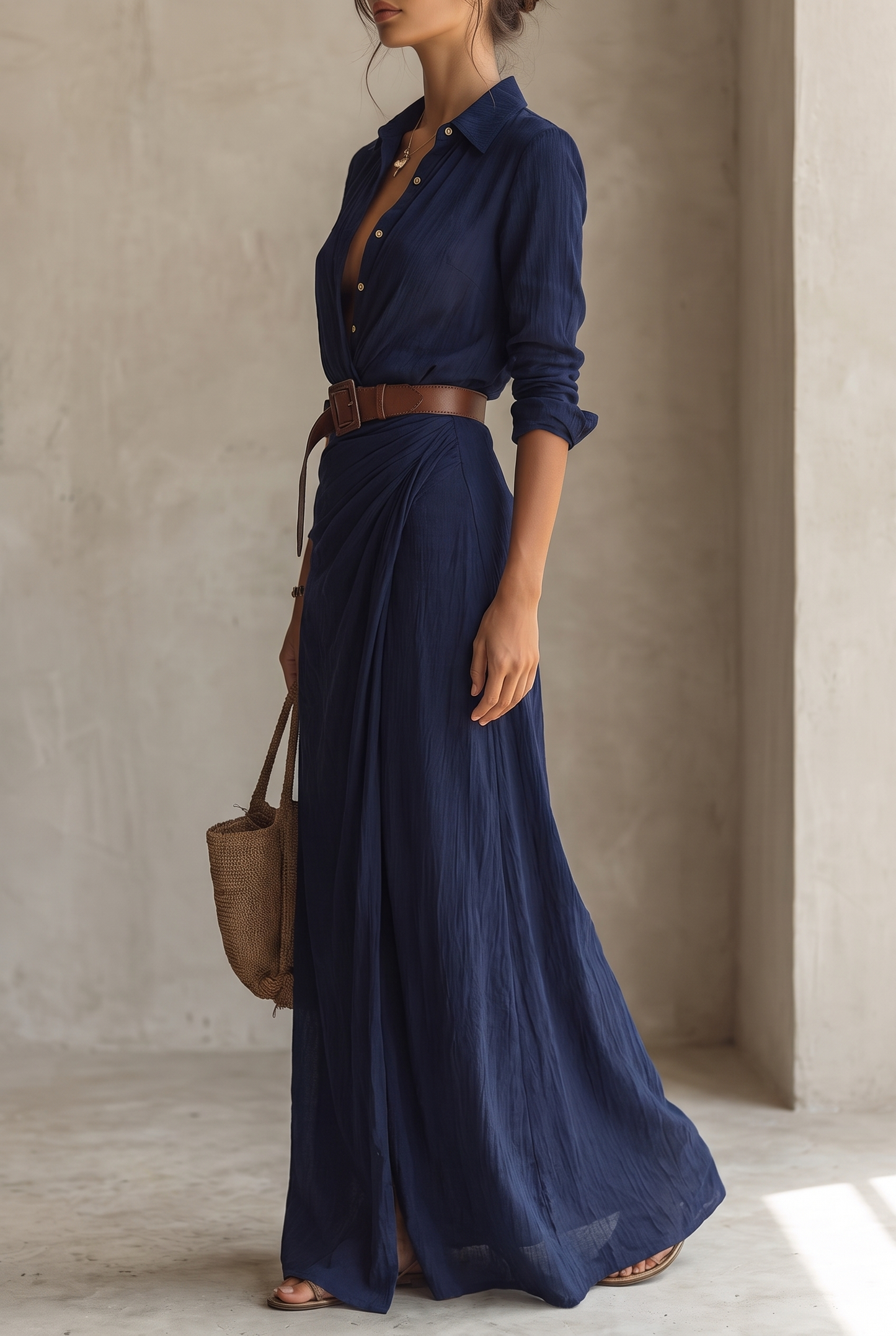 Ladies Lapel Single Breasted Long Sleeve Belted Maxi Dress