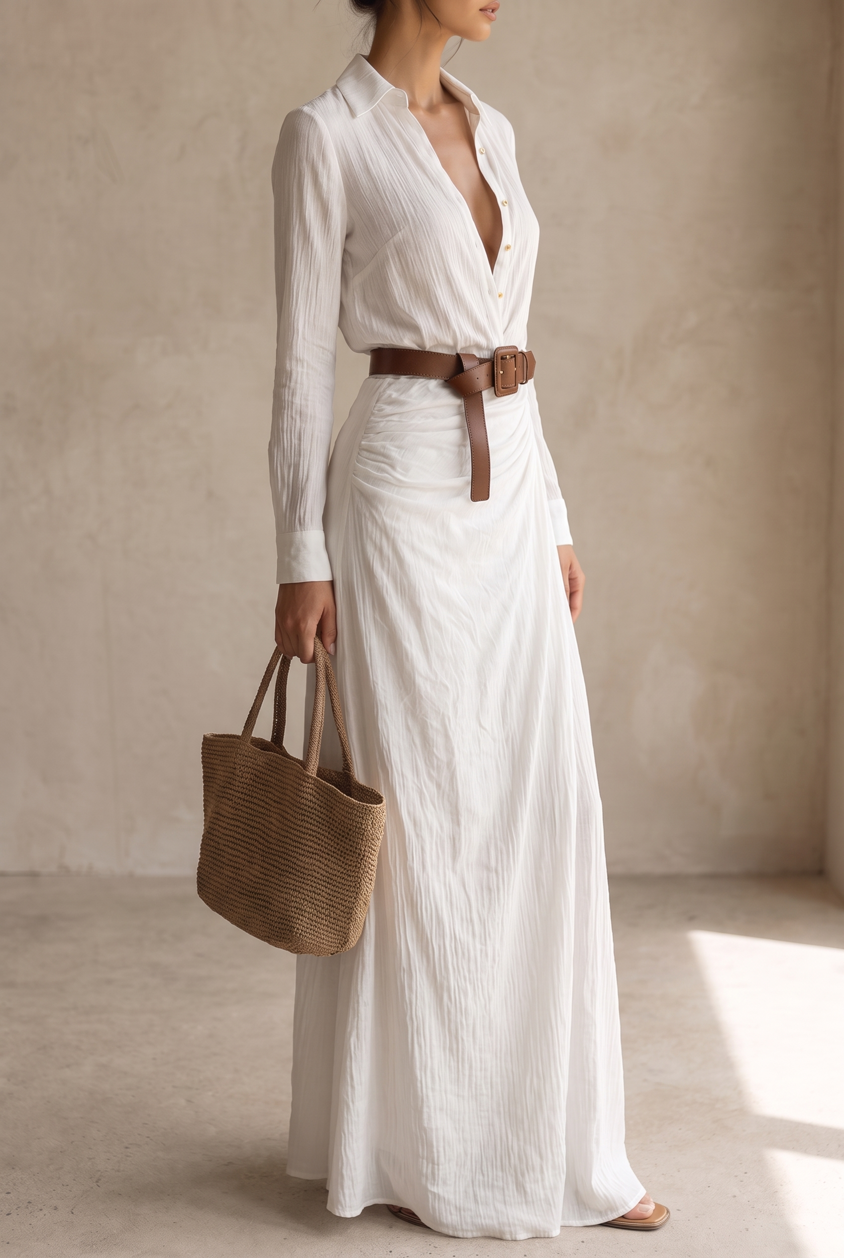 Ladies Lapel Single Breasted Long Sleeve Belted Maxi Dress