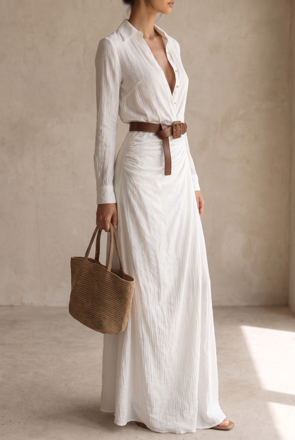 Ladies Lapel Single Breasted Long Sleeve Belted Maxi Dress
