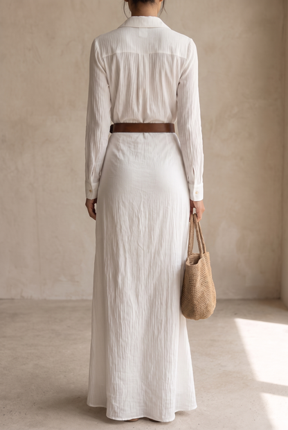 Ladies Lapel Single Breasted Long Sleeve Belted Maxi Dress