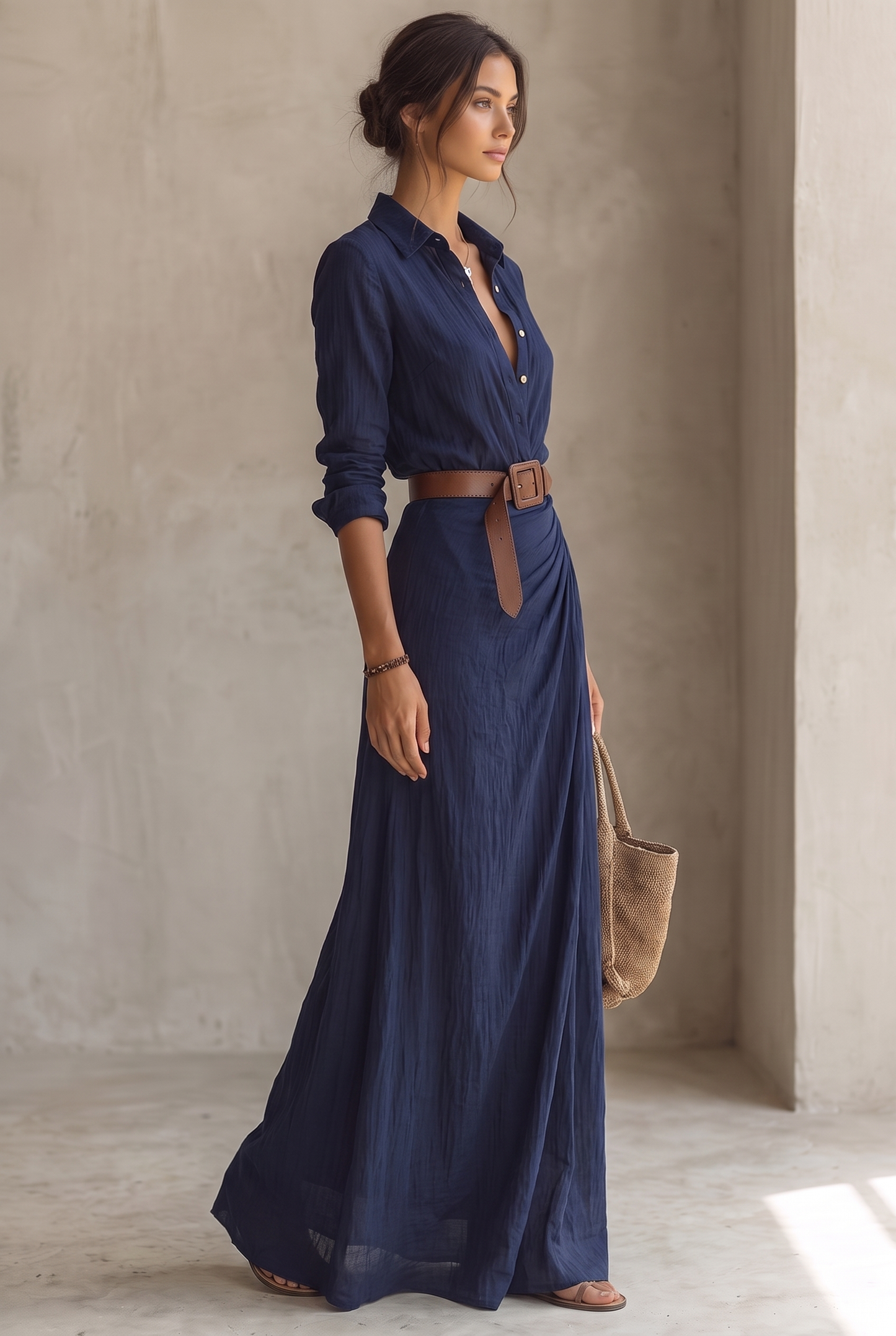 Ladies Lapel Single Breasted Long Sleeve Belted Maxi Dress
