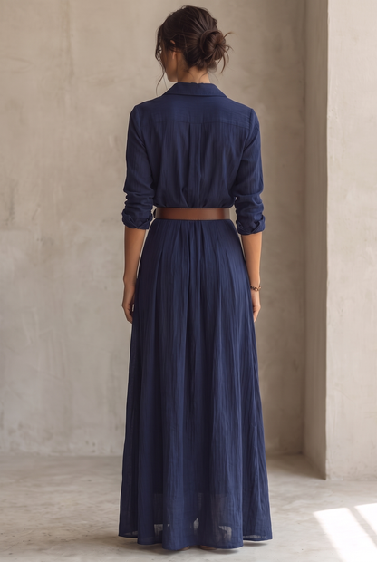 Ladies Lapel Single Breasted Long Sleeve Belted Maxi Dress