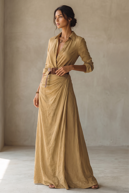 Ladies Lapel Single Breasted Long Sleeve Belted Maxi Dress