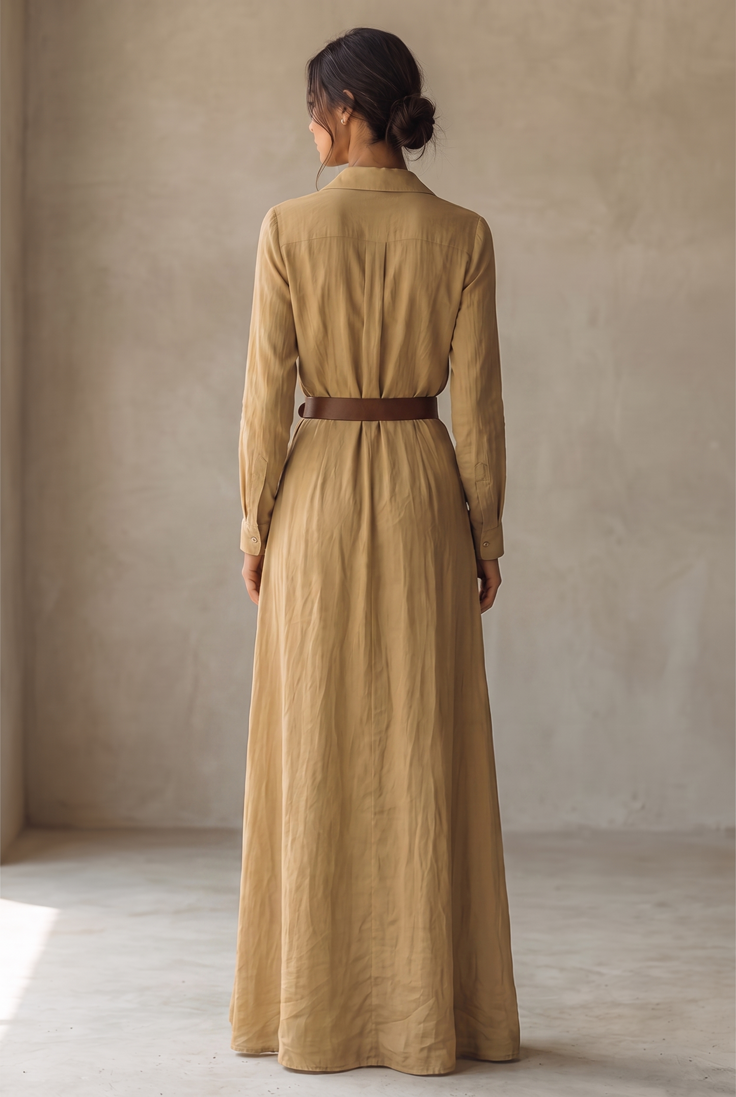 Ladies Lapel Single Breasted Long Sleeve Belted Maxi Dress