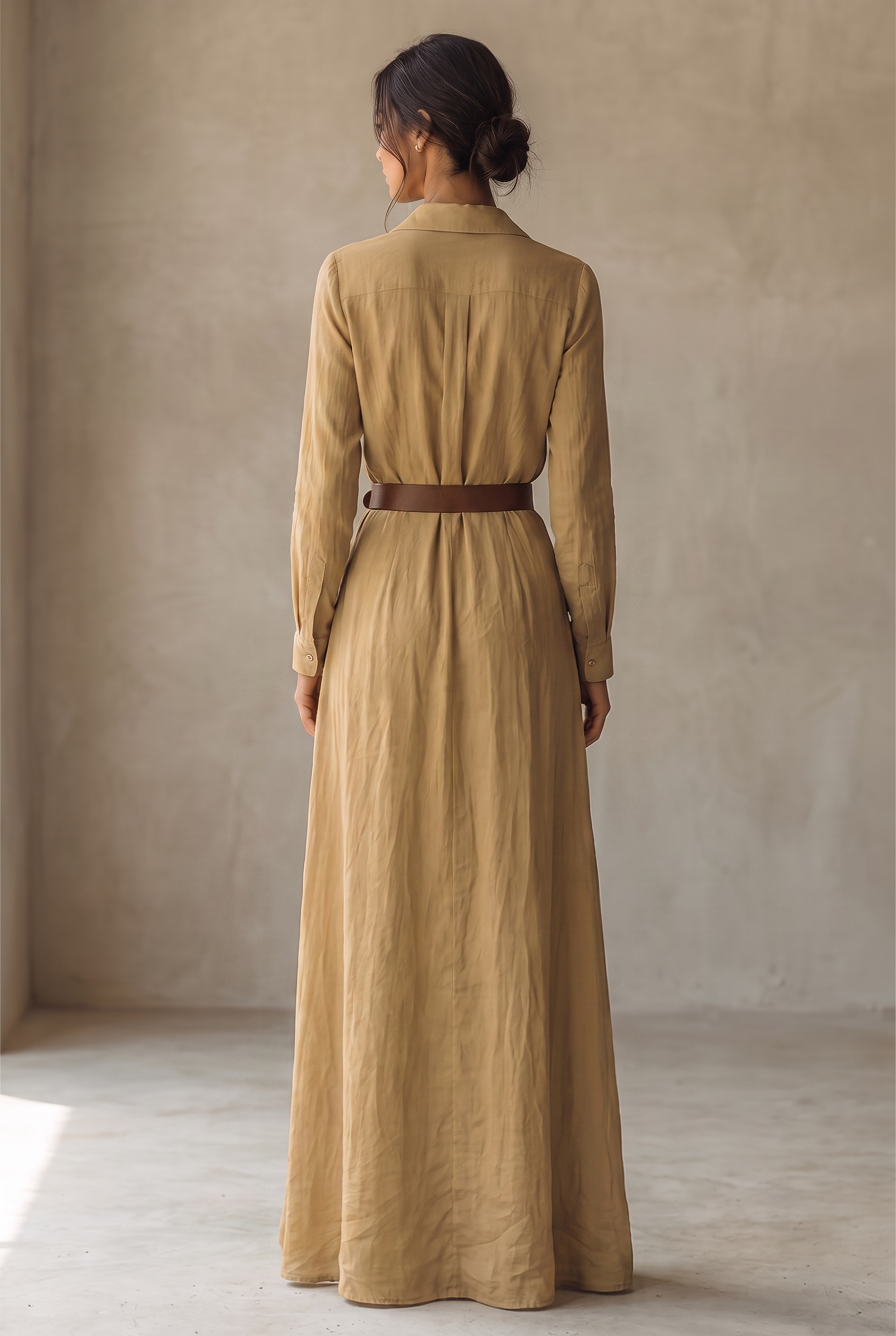 Ladies Lapel Single Breasted Long Sleeve Belted Maxi Dress