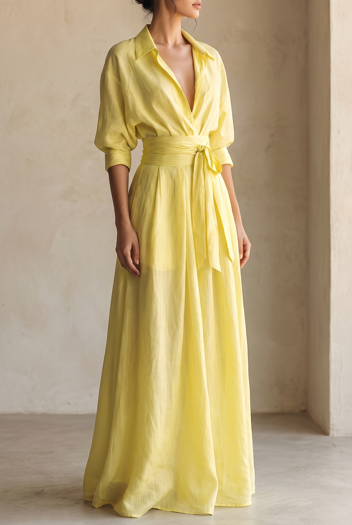 Women's Lemon Yellow Cotton And Linen Blend Maxi Shirt Dress With Tie Waist & Half Sleeves