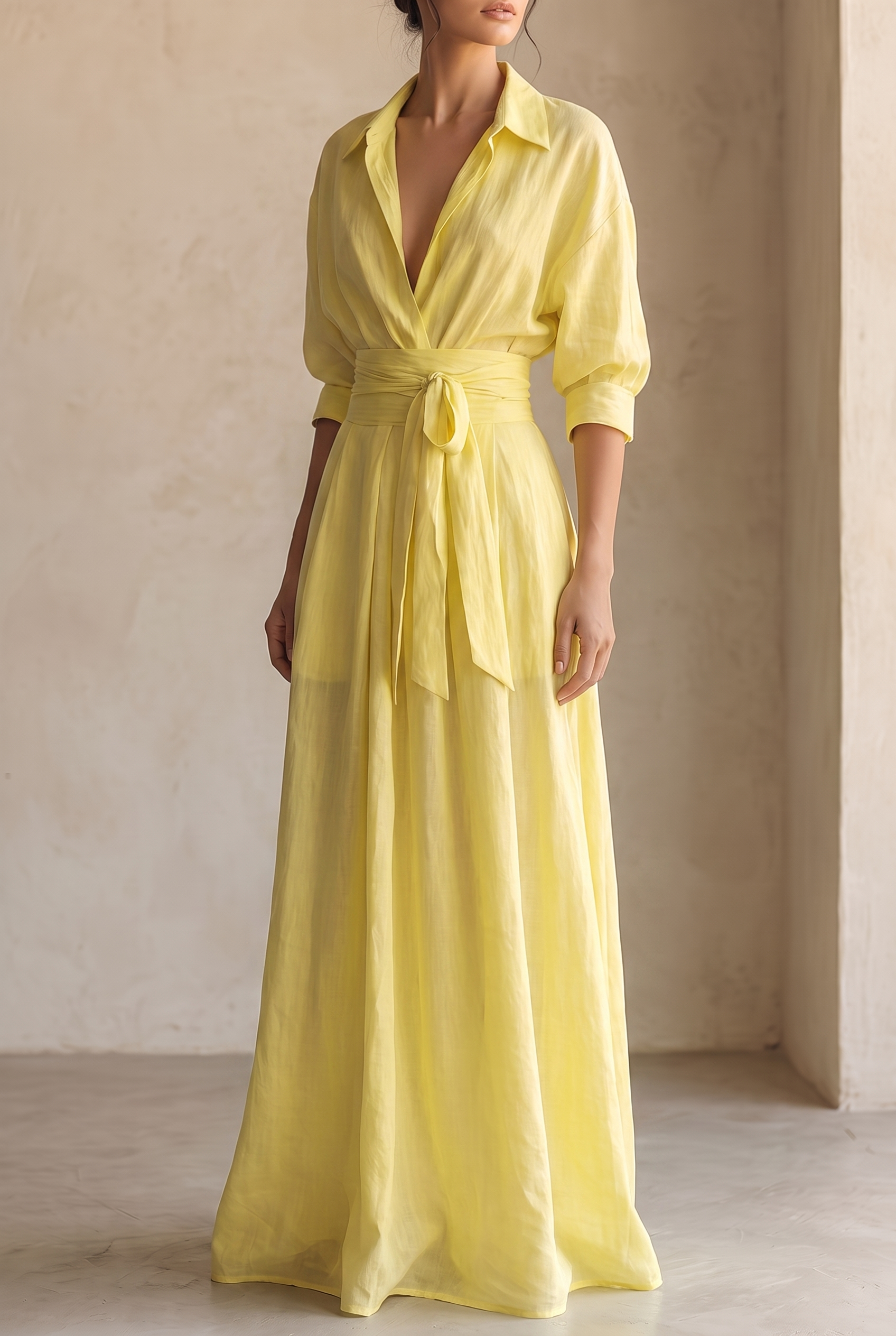 Women's Lemon Yellow Cotton And Linen Blend Maxi Shirt Dress With Tie Waist & Half Sleeves