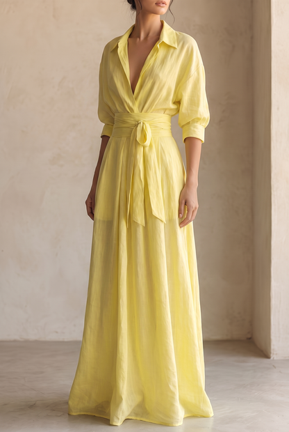 Women's Lemon Yellow Cotton And Linen Blend Maxi Shirt Dress With Tie Waist & Half Sleeves