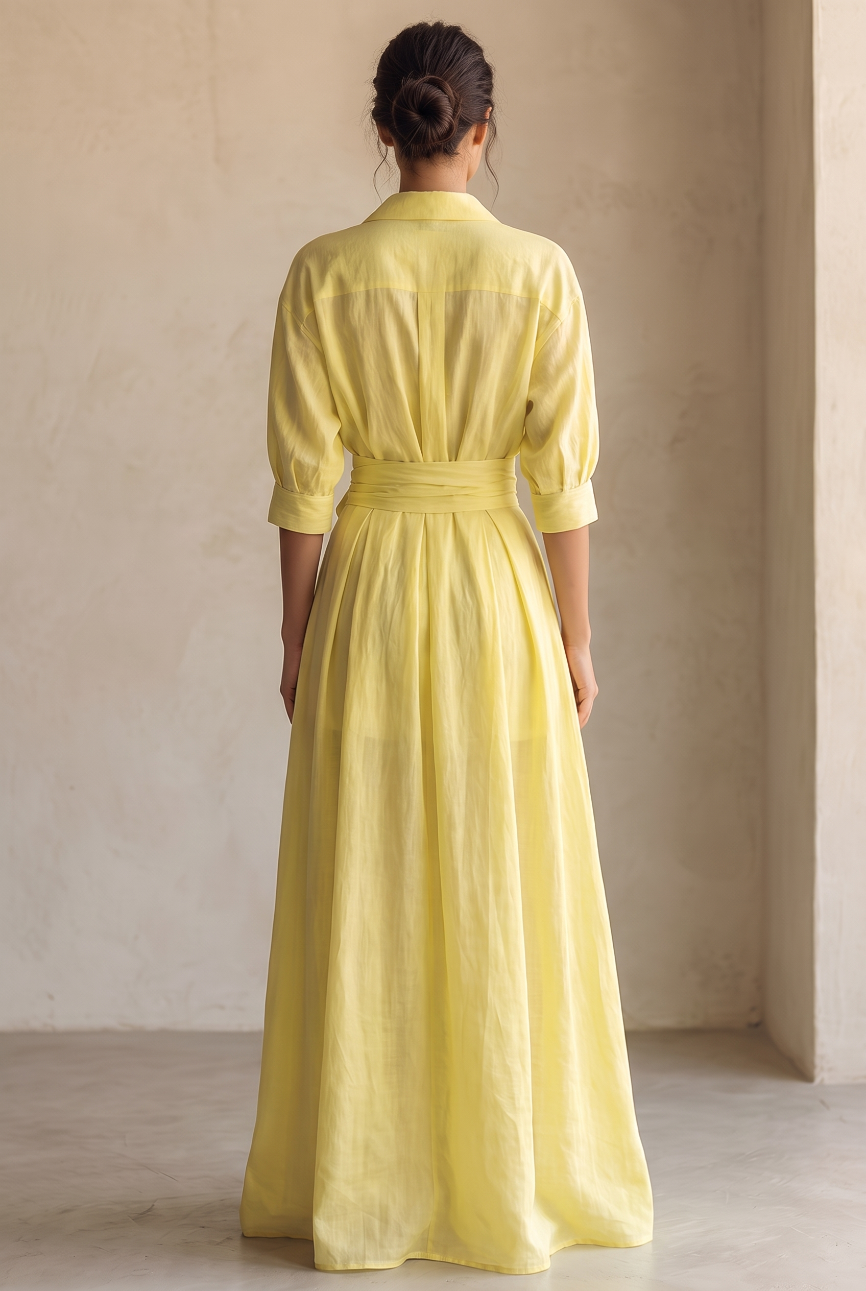 Women's Lemon Yellow Cotton And Linen Blend Maxi Shirt Dress With Tie Waist & Half Sleeves