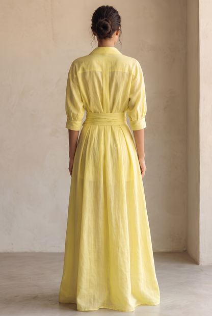 Women's Lemon Yellow Cotton And Linen Blend Maxi Shirt Dress With Tie Waist & Half Sleeves