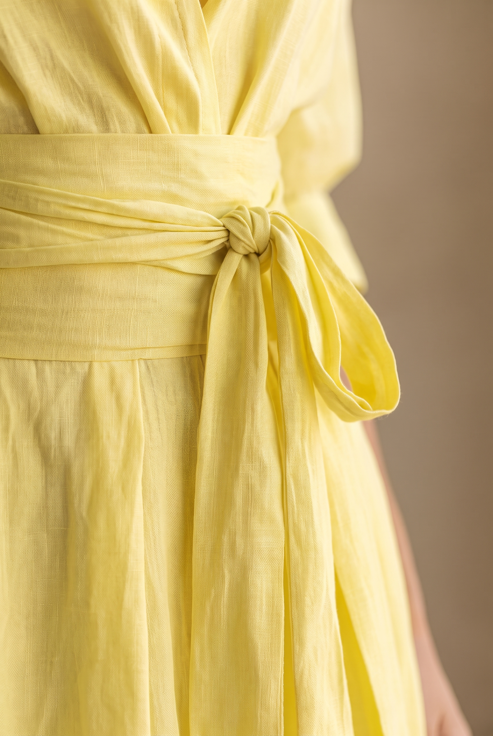 Women's Lemon Yellow Cotton And Linen Blend Maxi Shirt Dress With Tie Waist & Half Sleeves