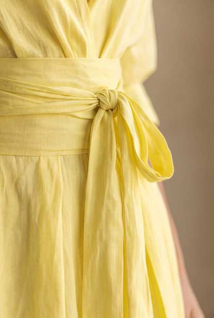 Women's Lemon Yellow Cotton And Linen Blend Maxi Shirt Dress With Tie Waist & Half Sleeves