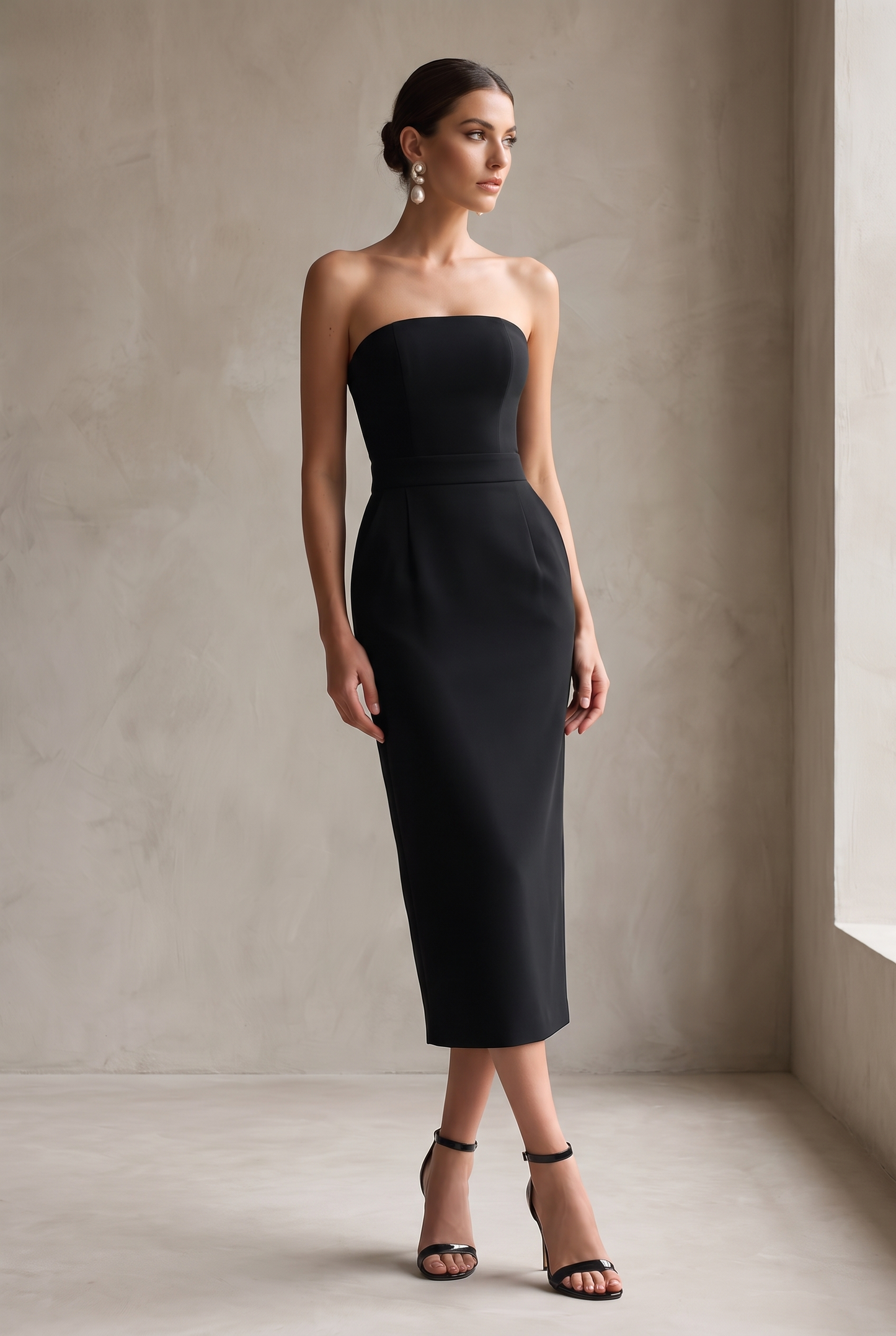 Women's Elegant Black Stretch Strapless Bodycon Midi Dress