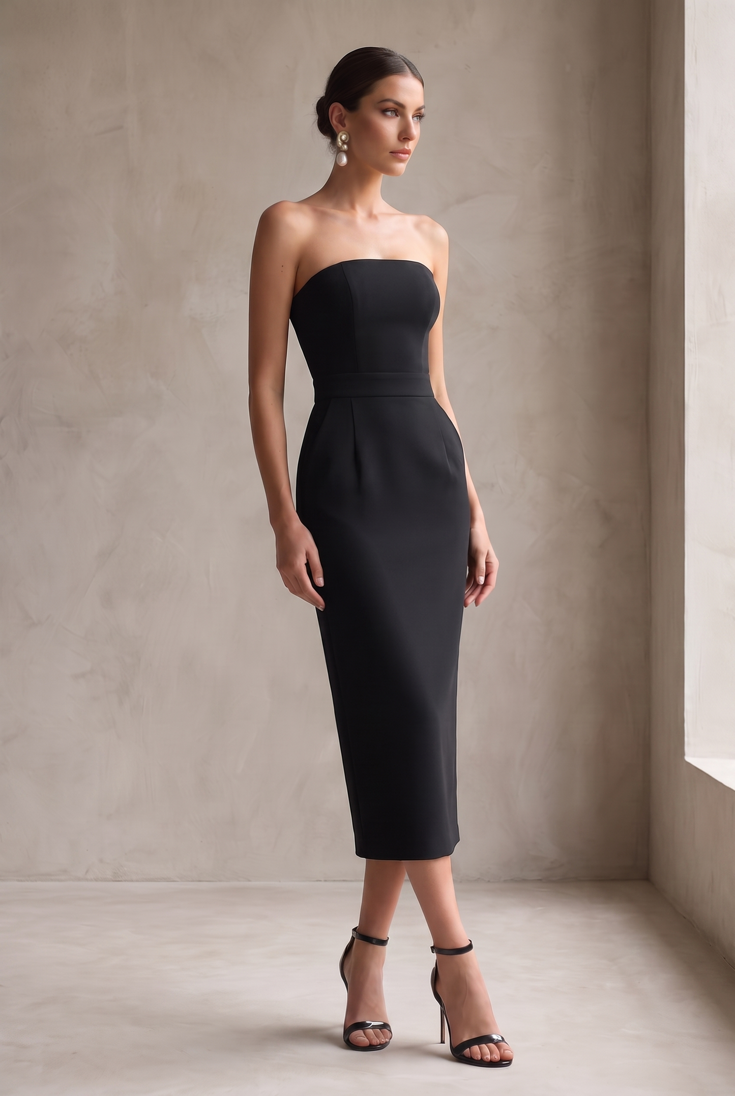 Women's Elegant Black Stretch Strapless Bodycon Midi Dress