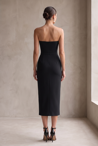 Women's Elegant Black Stretch Strapless Bodycon Midi Dress