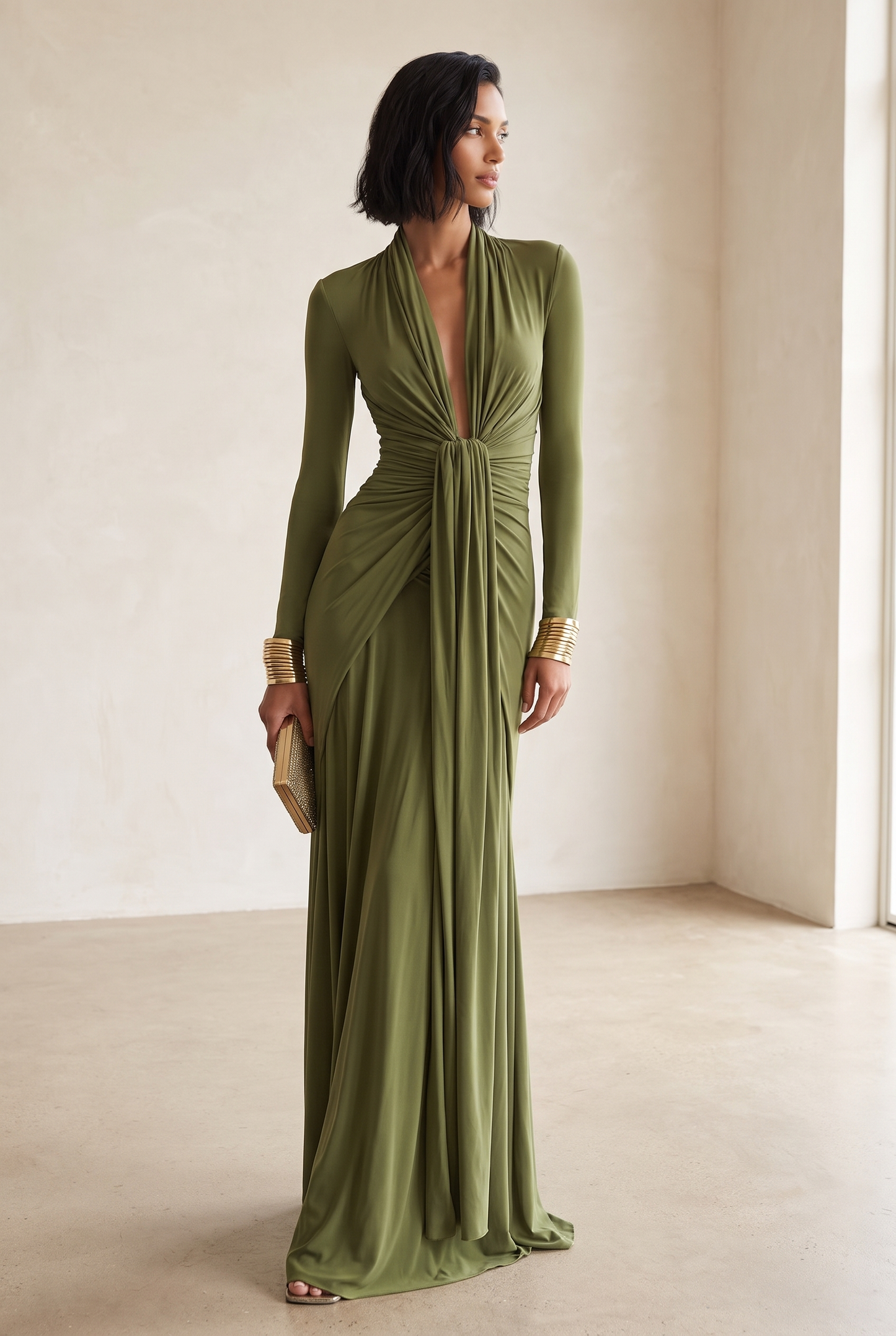 Women's Olive Silky Stretchy Dress With Deep V-Neck & Ruched Detail, Glamorous Maxi Dress