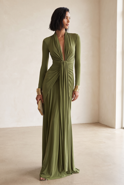 Women's Olive Silky Stretchy Dress With Deep V-Neck & Ruched Detail, Glamorous Maxi Dress