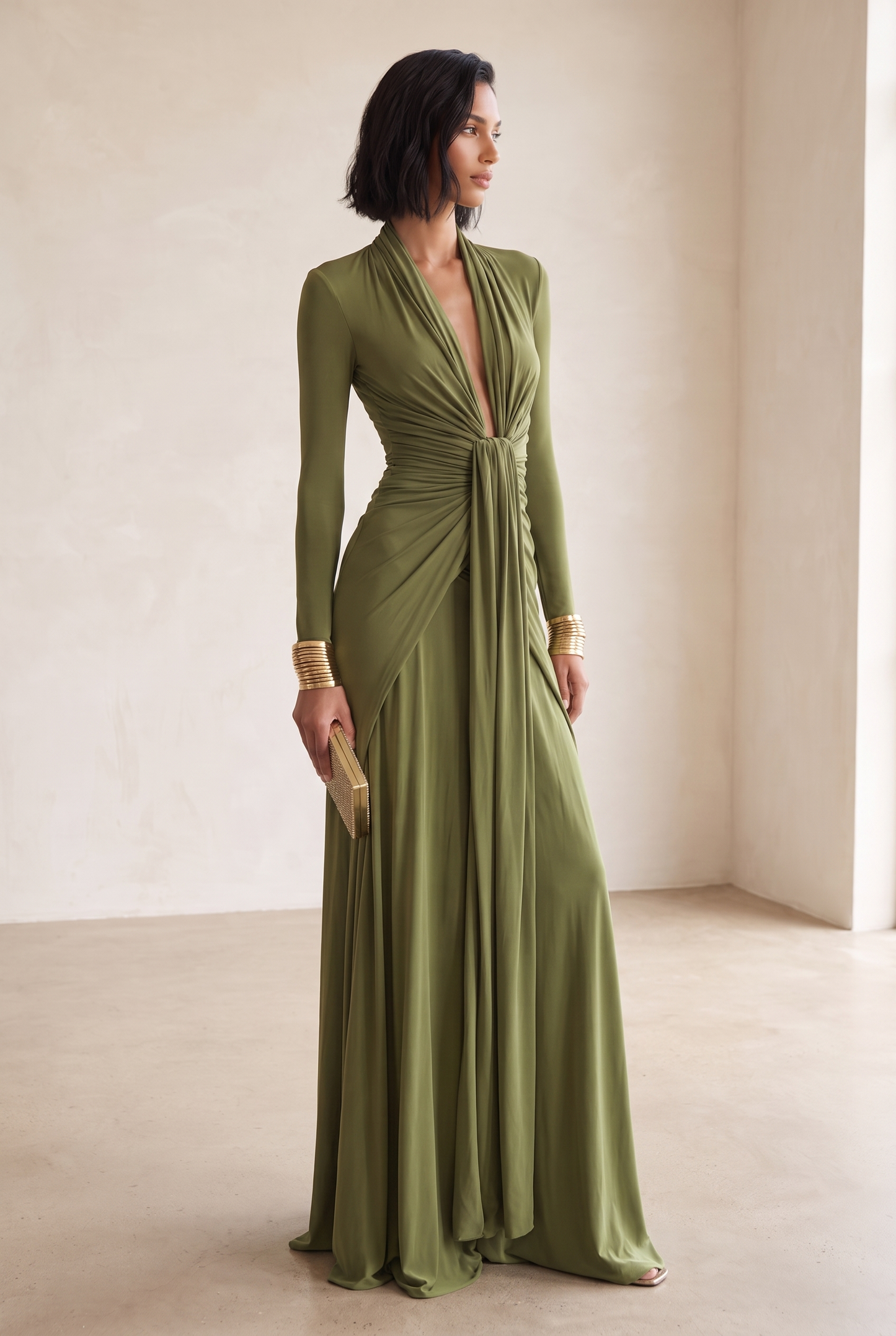 Women's Olive Silky Stretchy Dress With Deep V-Neck & Ruched Detail, Glamorous Maxi Dress
