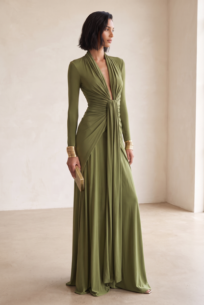 Women's Olive Silky Stretchy Dress With Deep V-Neck & Ruched Detail, Glamorous Maxi Dress