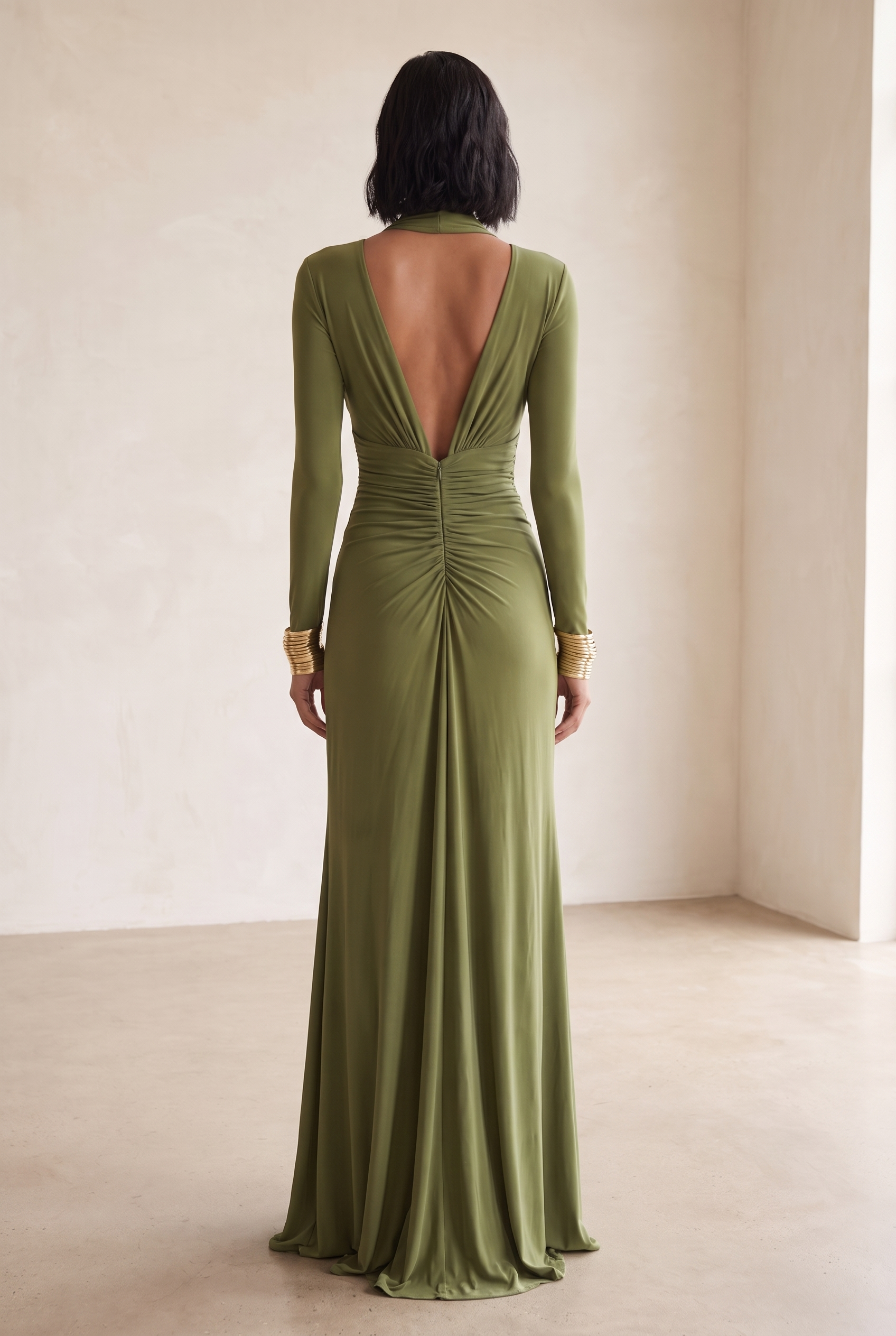 Women's Olive Silky Stretchy Dress With Deep V-Neck & Ruched Detail, Glamorous Maxi Dress