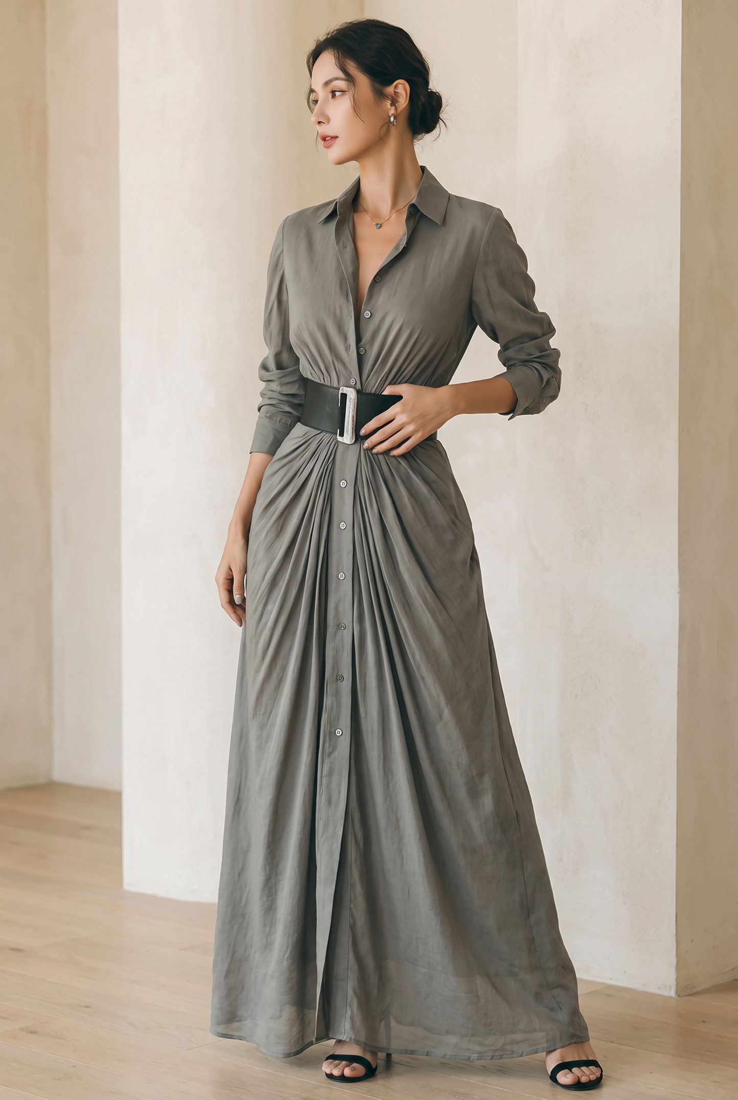 Ladies Lapel Long Sleeve Single Breasted Belt Maxi Dress