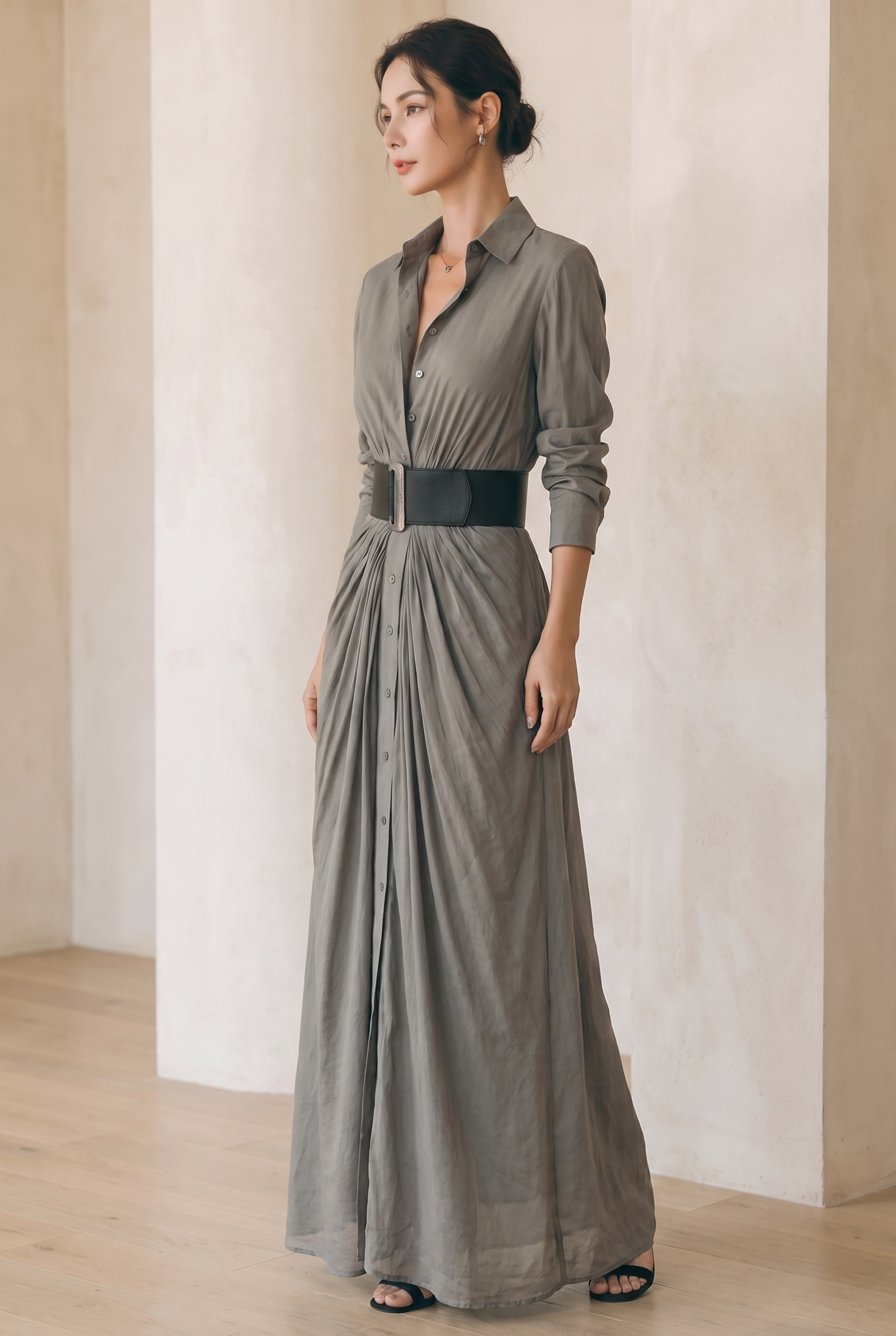 Ladies Lapel Long Sleeve Single Breasted Belt Maxi Dress