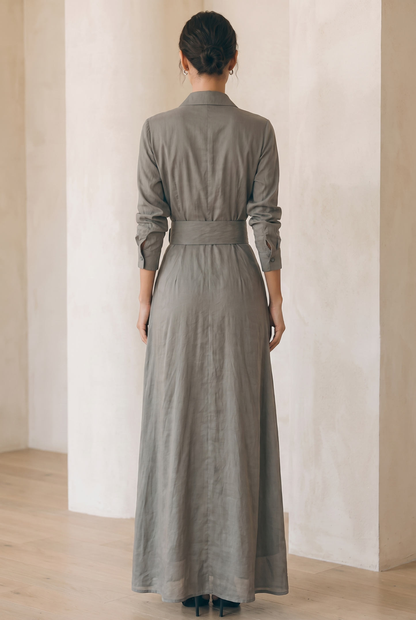 Ladies Lapel Long Sleeve Single Breasted Belt Maxi Dress