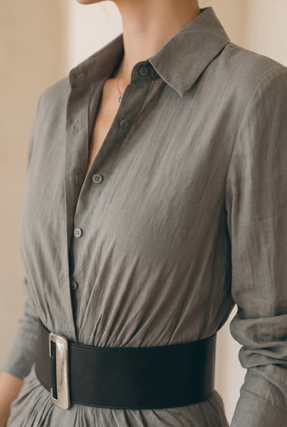 Ladies Lapel Long Sleeve Single Breasted Belt Maxi Dress