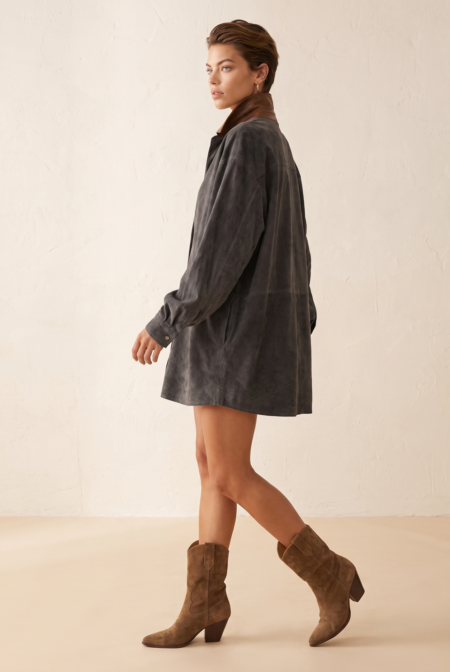 Women's Simple Loose Leather Lapel Spliced Suede Mini Dress