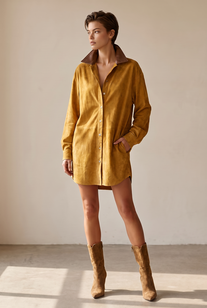 Women's Simple Loose Leather Lapel Spliced Suede Mini Dress