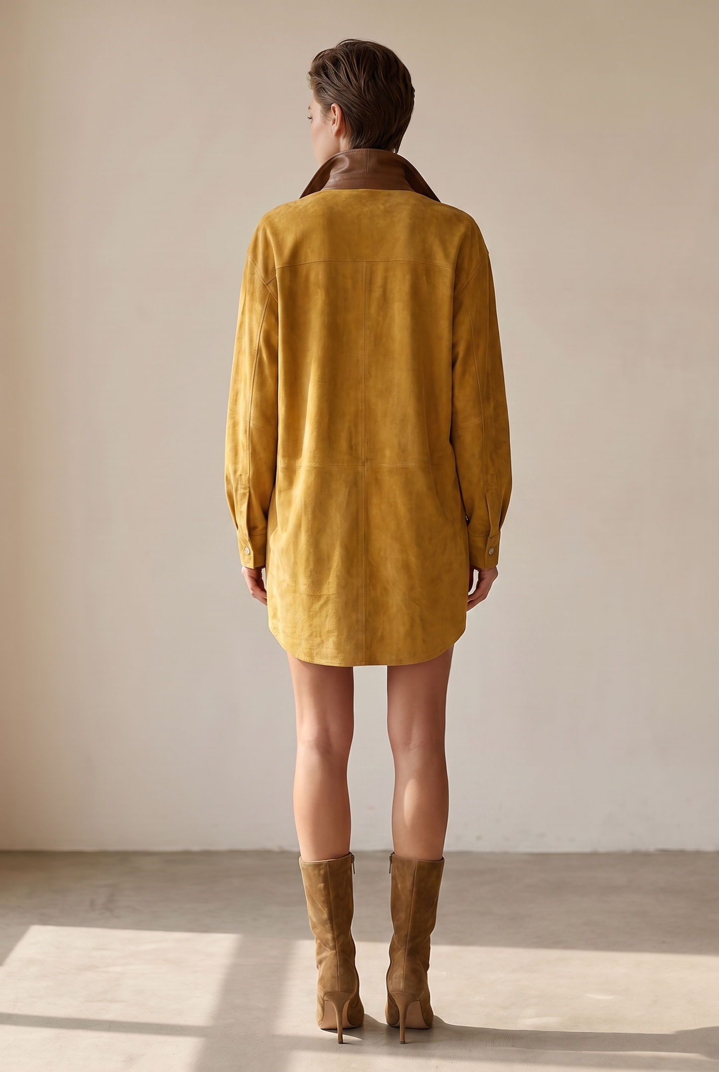 Women's Simple Loose Leather Lapel Spliced Suede Mini Dress
