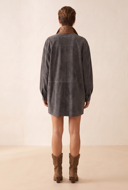 Women's Simple Loose Leather Lapel Spliced Suede Mini Dress