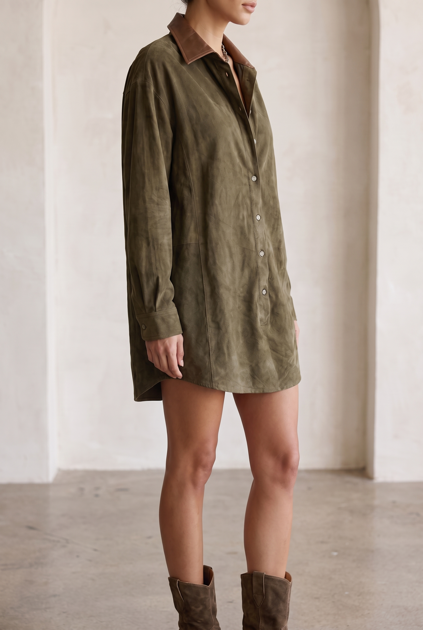 Women's Simple Loose Leather Lapel Spliced Suede Mini Dress