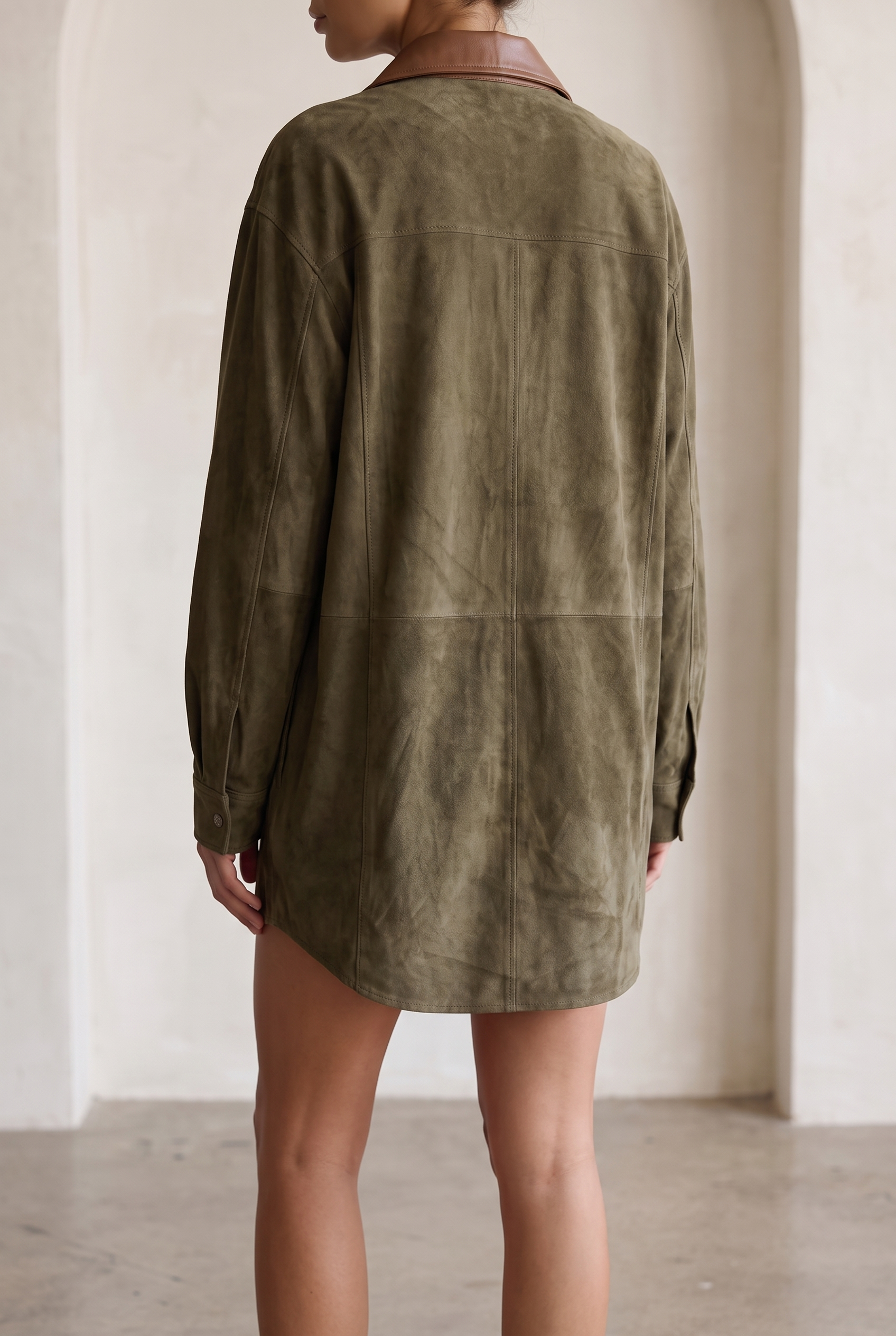 Women's Simple Loose Leather Lapel Spliced Suede Mini Dress