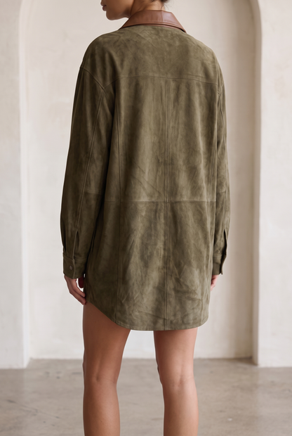 Women's Simple Loose Leather Lapel Spliced Suede Mini Dress