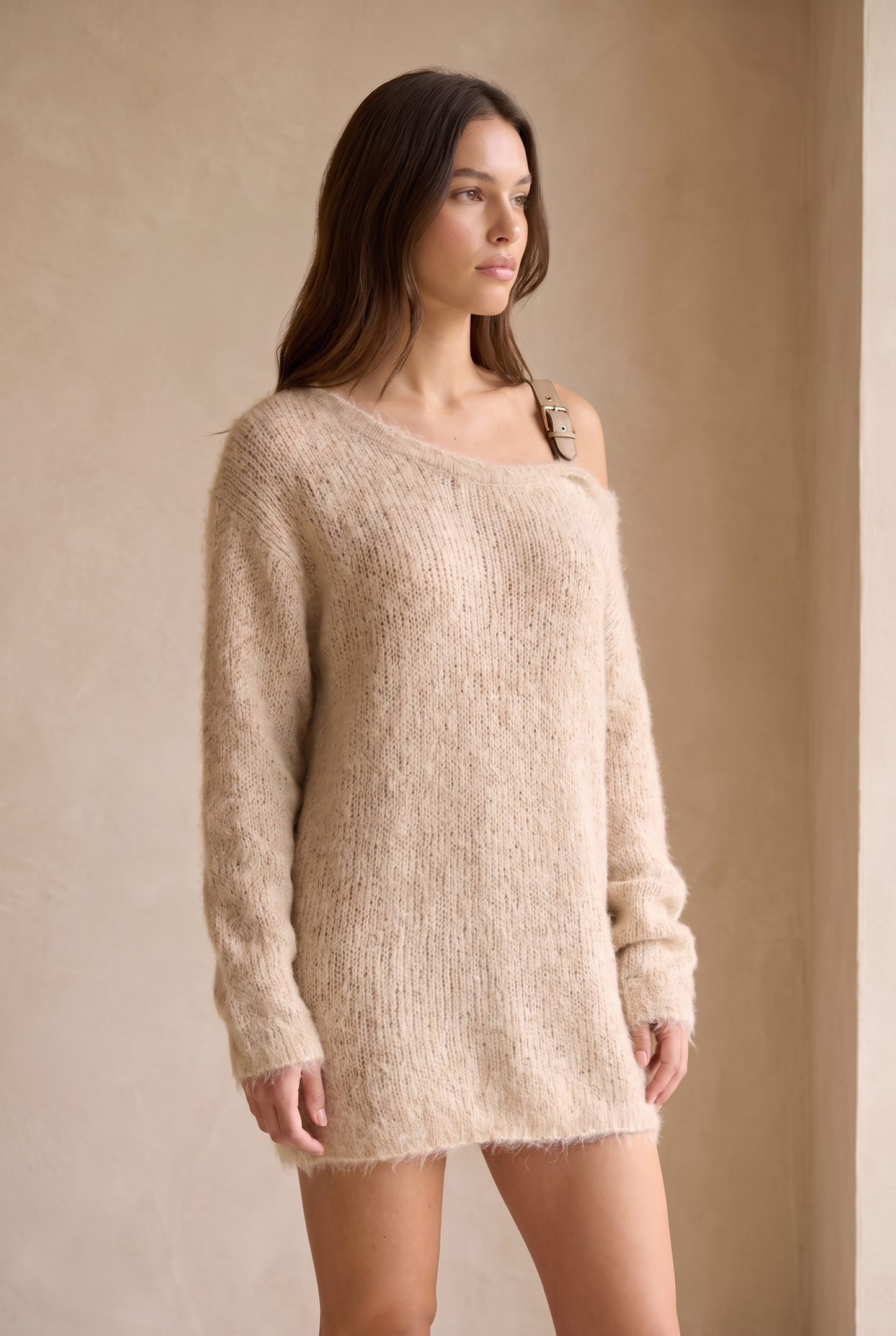 Women's Loose Off-shoulder Leather Strap Knit Mini Dress