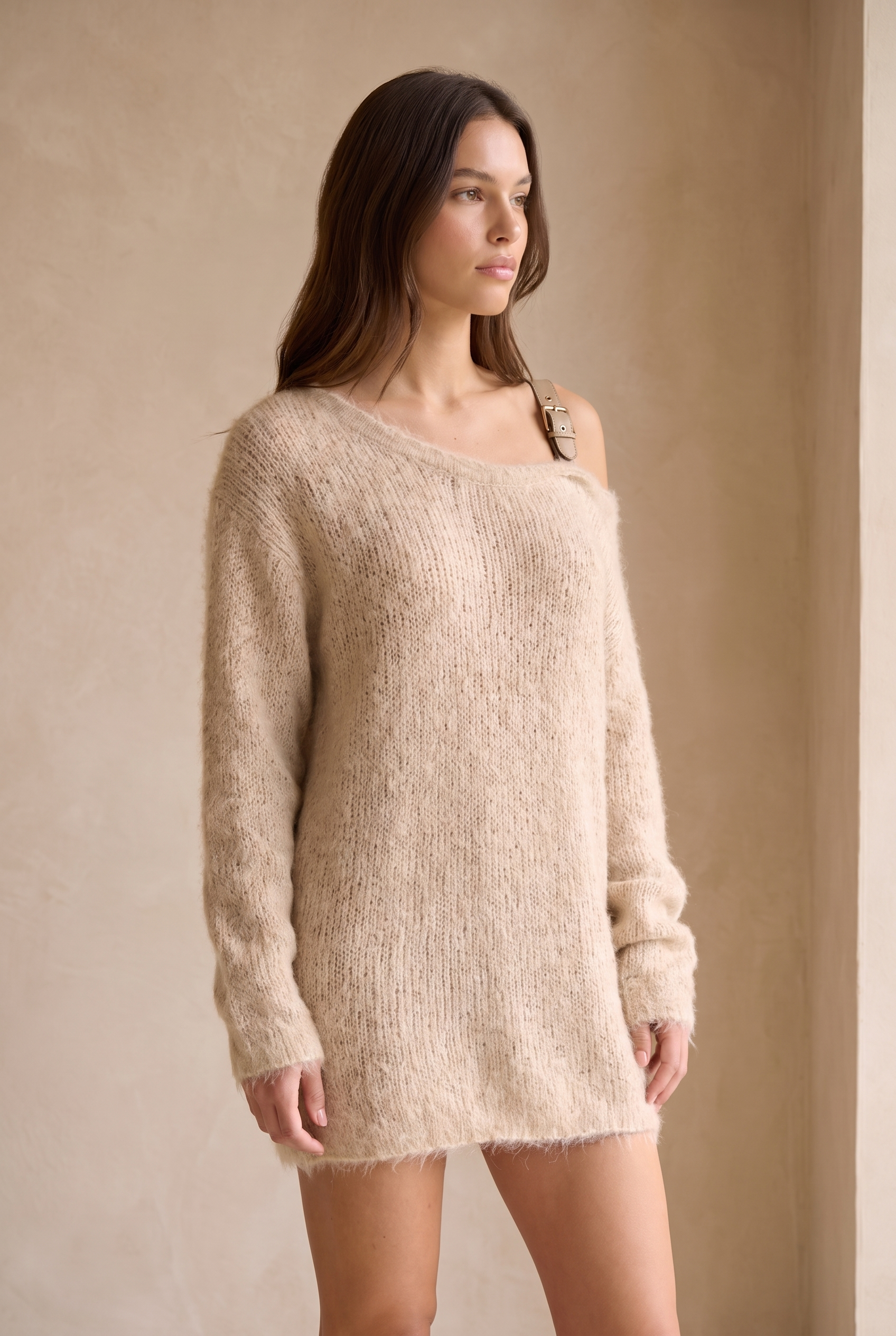 Women's Loose Off-shoulder Leather Strap Knit Mini Dress